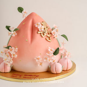 
                  
                    Load image into Gallery viewer, Light pink gradient muted 3D Longevity Peach Cake (Shou Tao cake) with edible sugar plum blossoms and mini fondant peaches
                  
                