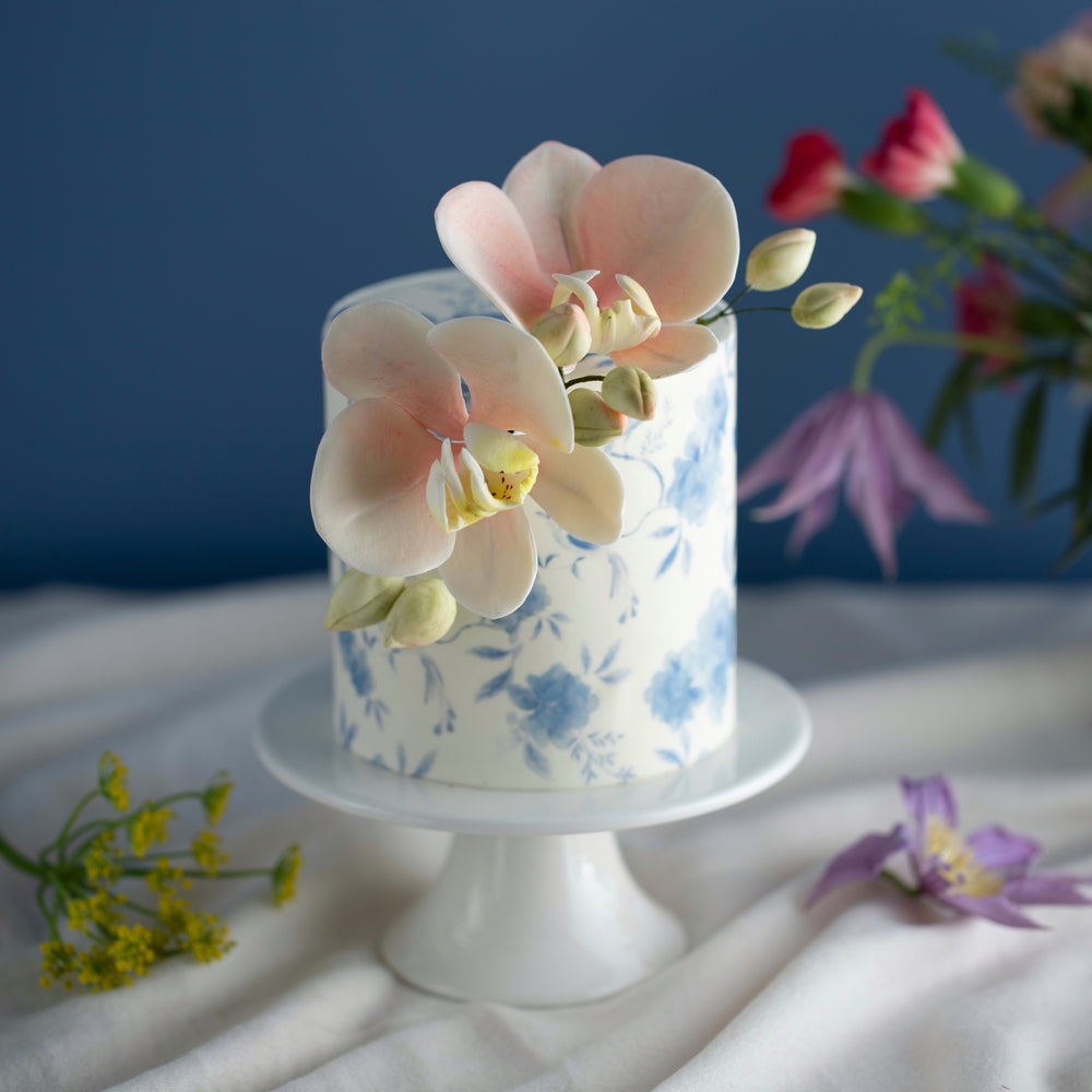 A cake with a white fondant base and pale blue hand painted details on the cake that resemble fine china. The cake is inspired by Royal Copenhagen teapots. The top of the cake has two light pink hand crafted sugar orchids, and they look incredibly realistic.