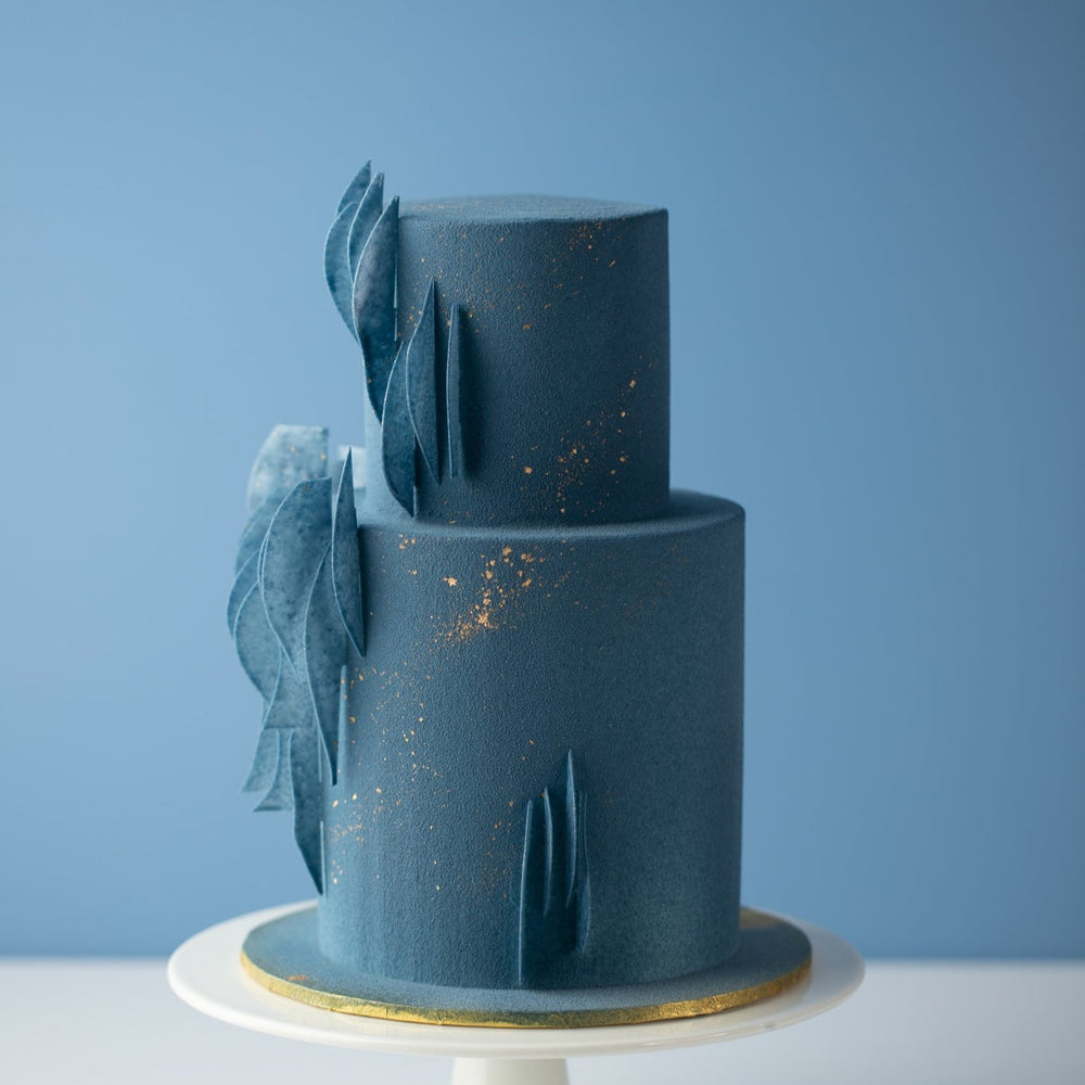 A tall dark blue cake with two tiers. There are gold  flecks splattered across the cake that resemble stars in the milky way. To the left of the cake, there are some edible blue wafer scallops that stick out from the side of the cake and look like feathers.